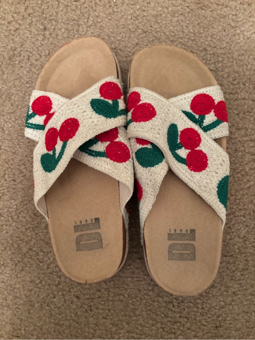 Cross-Strap Embroidered Cherry Slide Sandals - White/Red/Green